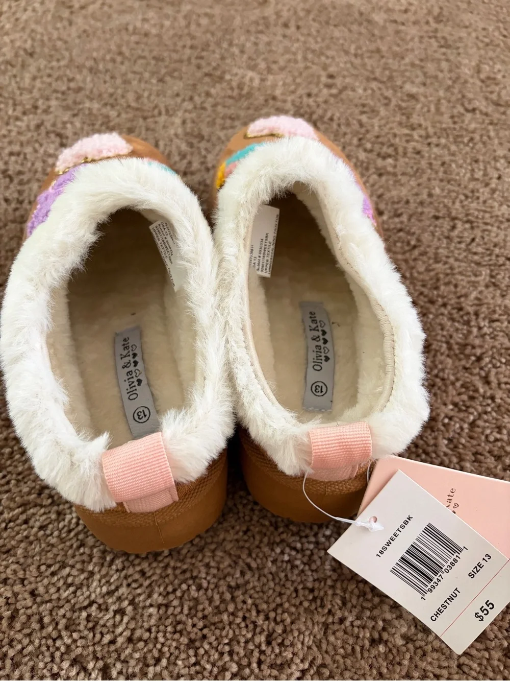 Olivia & Kate Chestnut Faux Fur Lined Slip-On Slippers with Pastel Embroidery
